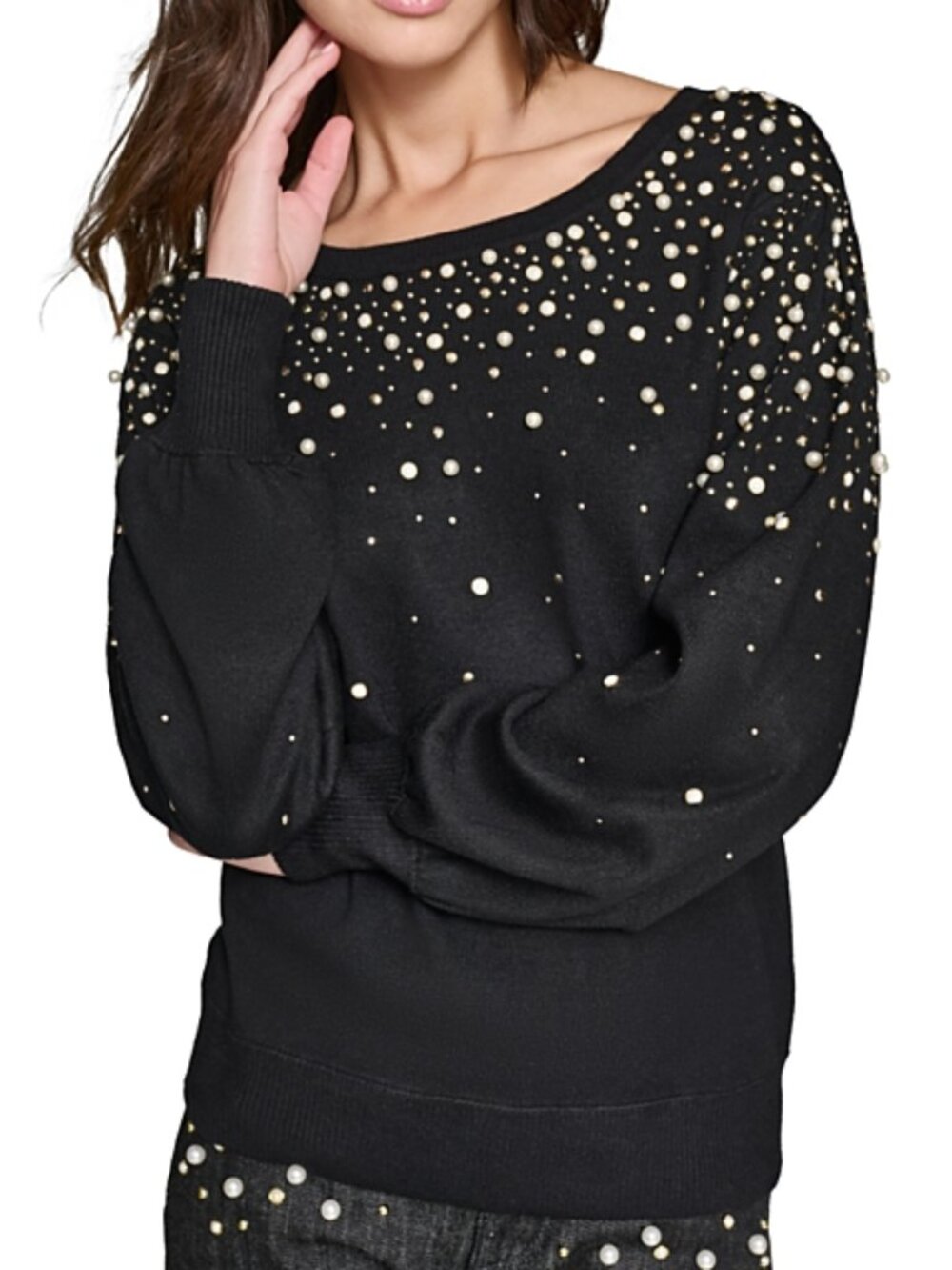 KARL LAGERFELD (M) Black Gold Imitation Pearl Embellished Crewneck Sweater Shirt